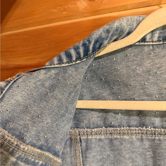 Denim Collared Pearl Studded Jacket with Buttons and Pockets - Picture 6 of 8